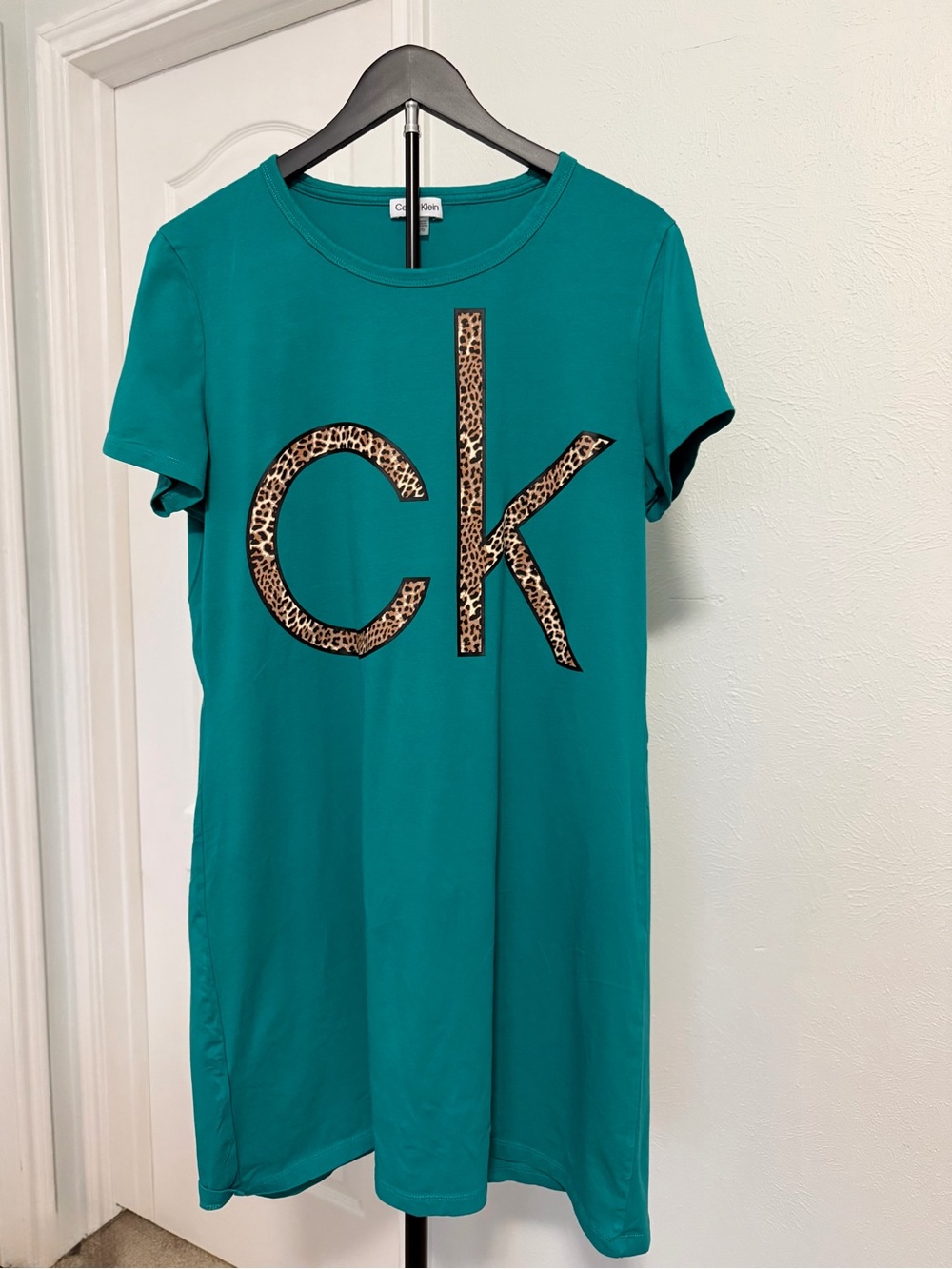 Calvin Klein Teal Short-Sleeve Sleep/T shirt Dress with Leopard CK Logo